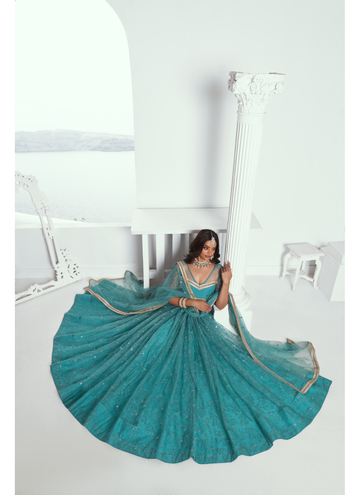 Trendy Teal Blue net Lehenga with sequin thread embroidery comes designer blouse